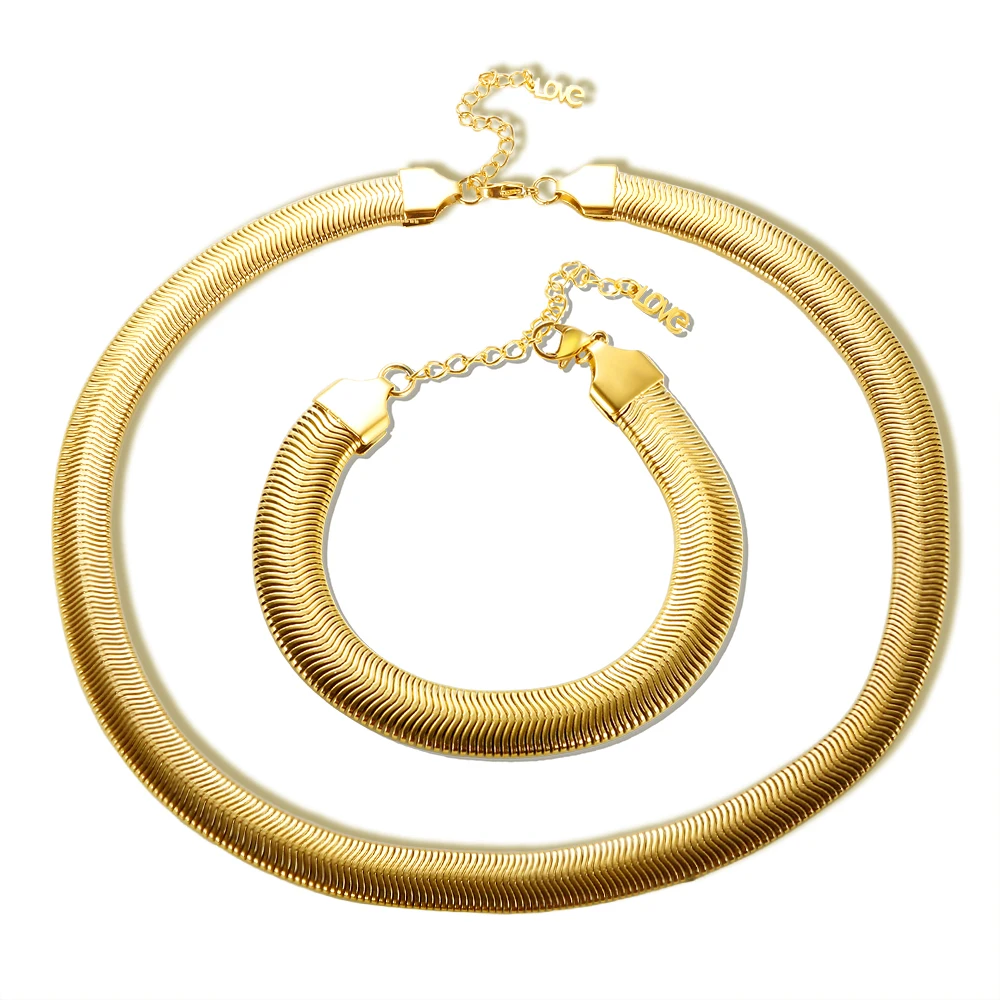 Edelstahl-Halskette, minimalistische metallische Textur, Schlangenkette, 18 Karat vergoldet, flach, dick, Halsketten, Armband für Unisex-Schmuckset – Detail 12