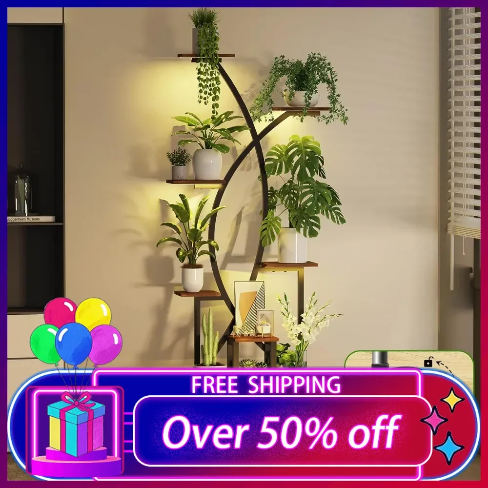 Plant Stand Indoor Plants Shelf: Metal 8 Tiers 4 Lights Stands with Wheels- Grow Light Flower Shelves for Living Room