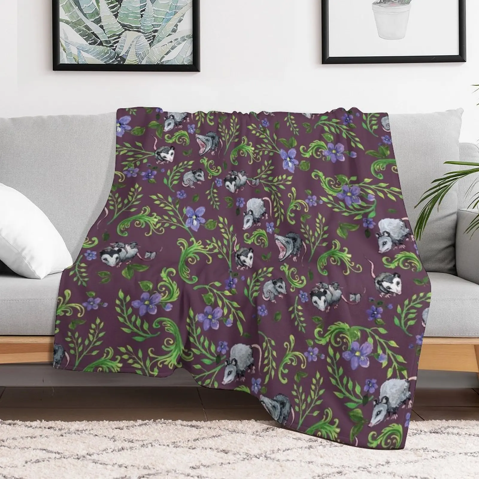 

Opossum, Fern, & Violet Print Throw Blanket Sofas Stuffeds Plush Blankets