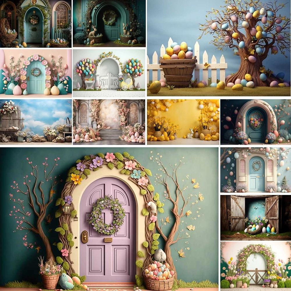 

MOON.QG Easter Enchanted Door Backgrounds For Photographs Floral Wreath Bunny Decorated Eggs Backdrop Kids Wallpaper Photobooth