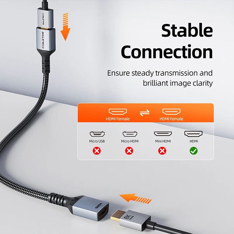 CABLETIME 8K HDMI 2.1 Extension Cable 8K60Hz 8K120Hz Braided Jacket Aluminum Shell for TV Monitor Laptop Computer 8K hdmi