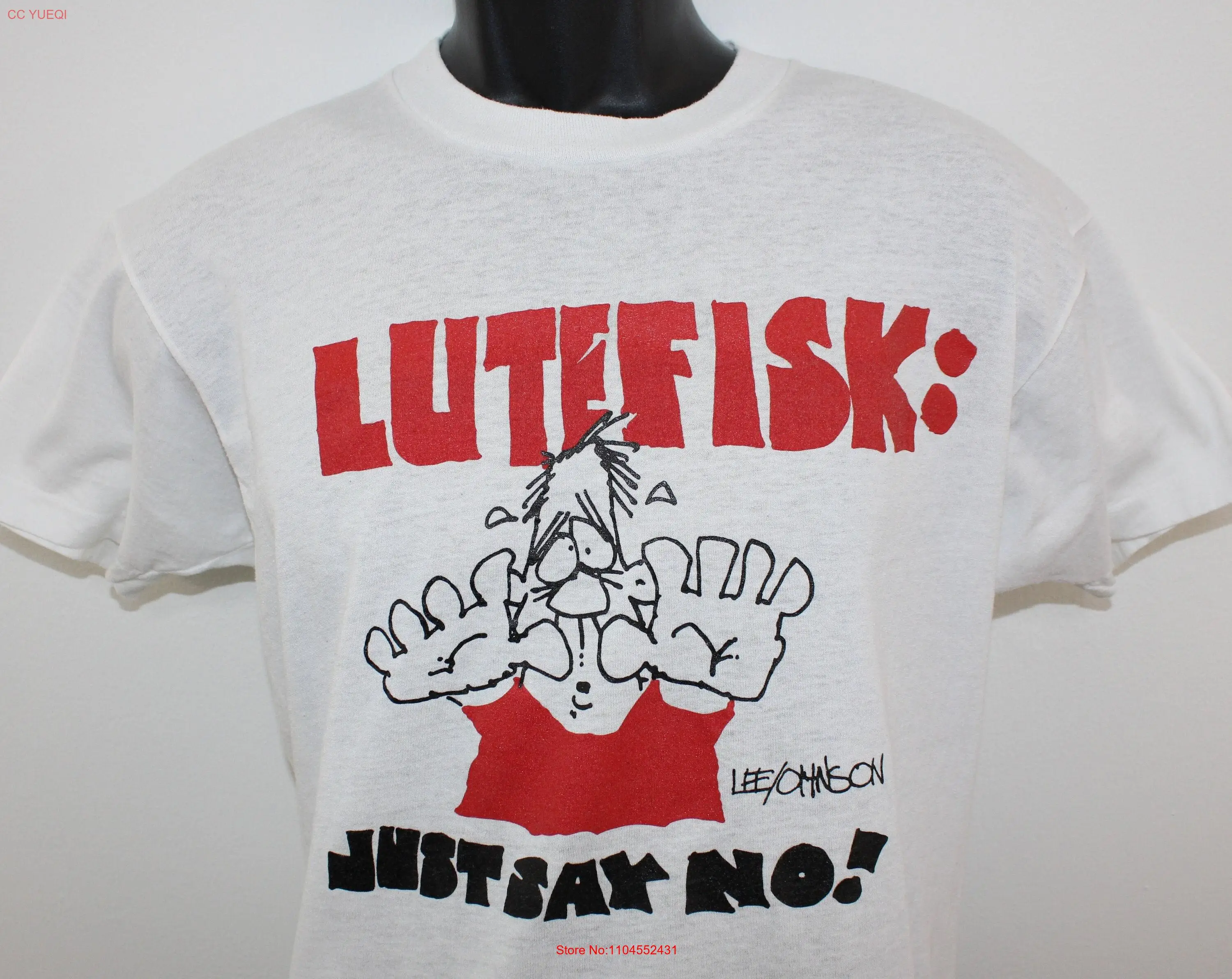 

Винтажная футболка Lutefisk Just Say No 80-х годов, белая, красная, мягкая, тонкая, эластичная, хлопковая, поли, скандинавская, норвежская, Ли Джонсон