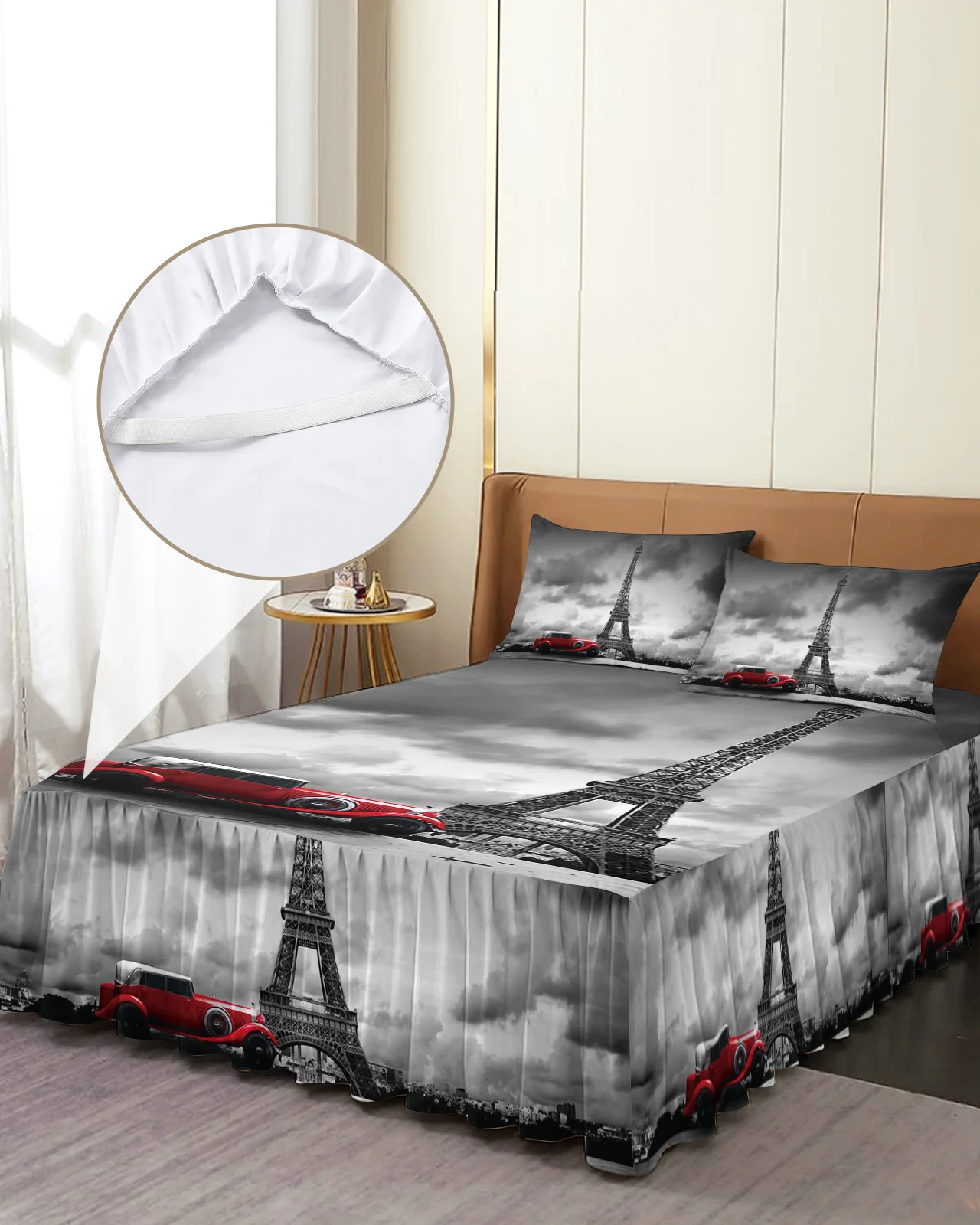 Paris Eiffel Tower With Red Car Bed Skirt Elastic Fitted Bedspread With Pillowcases Mattress Cover Bedding Set Bed Sheet