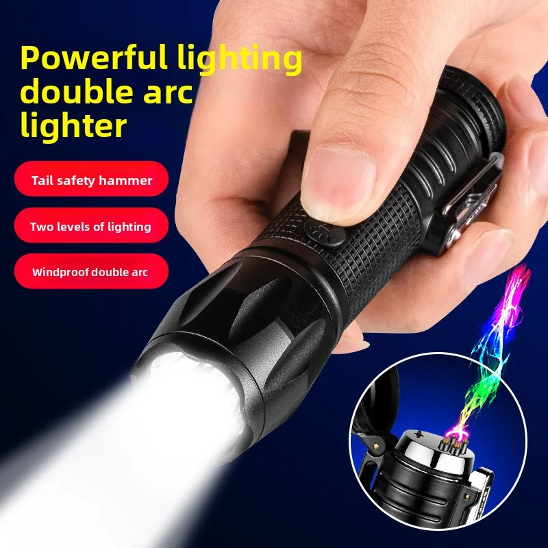 Golden Rule JL328 Portable Outdoor Tool Dual Arc Rechargeable Metal Lighter Flashlight Self-Defense with Strong Light