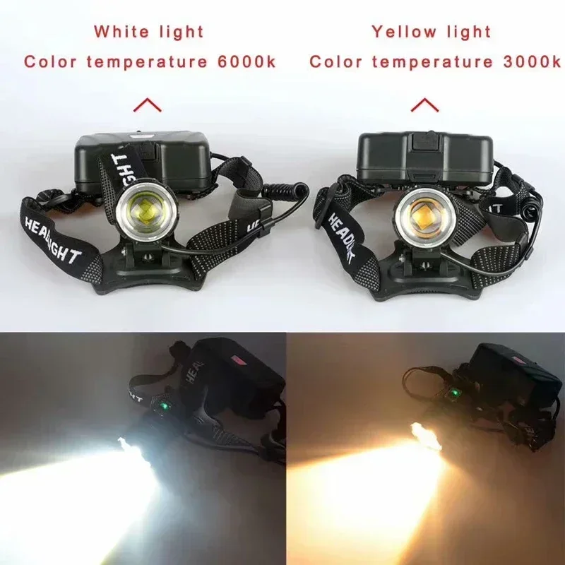 T130 High Power XHP70.2 LED Yellow / White Light Headlight Rechargeable Headlamp Torch Flashlight Zoom Zoomable Head Lamp