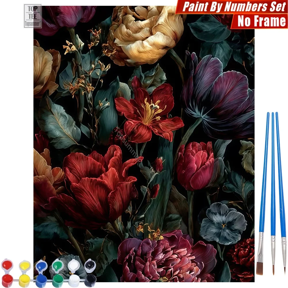 

Набор для рисования по номерам «Красочный цветочный букет» — тюльпаны, темные яркие цвета, настенное искусство, декор для дома, подарок на День благодарения для бабушки