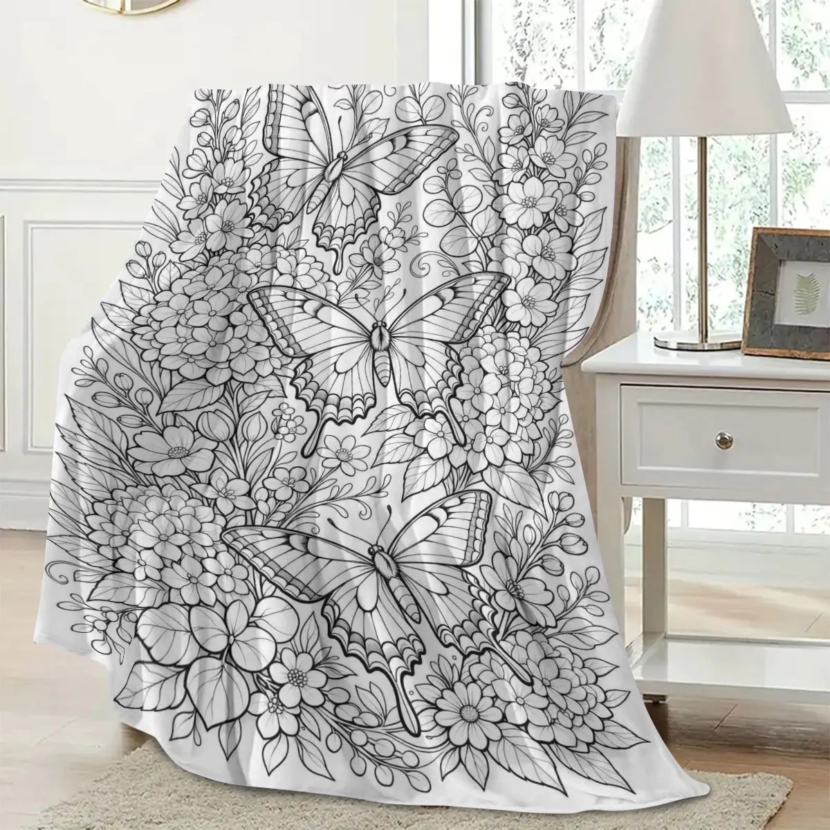 Clean White Background Butterfly Blossom Foliage Outline Art Print Flannel Blanket Soft Throw for Couch Travel Indoor Home Decor