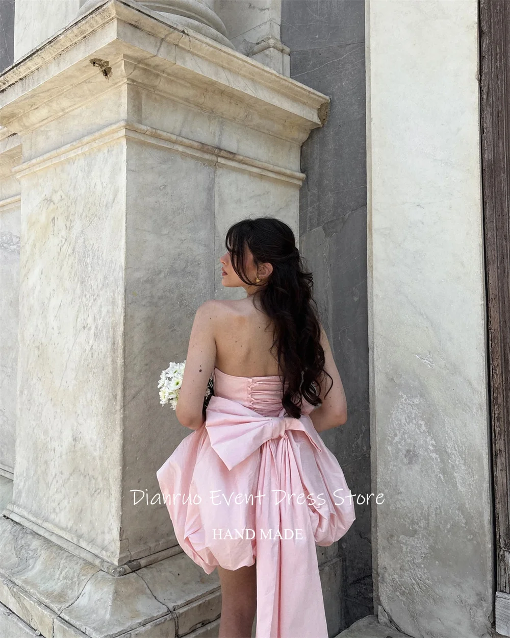 ディアンルオ ミニ Aライン イブニングドレス ピンク ストレスレス パフ サテン ローブ ド ソワレ 大きなリボン レースアップ ドレス レディース カスタムメイド