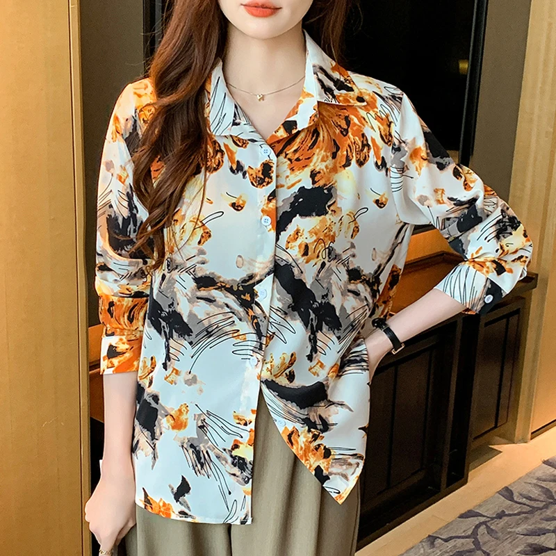 2025 패션 우아한 프린트 쉬폰 루즈 블라우스 여성용 긴팔 캐주얼 빈티지 분위기 여성 오피스 OL 셔츠 탑
