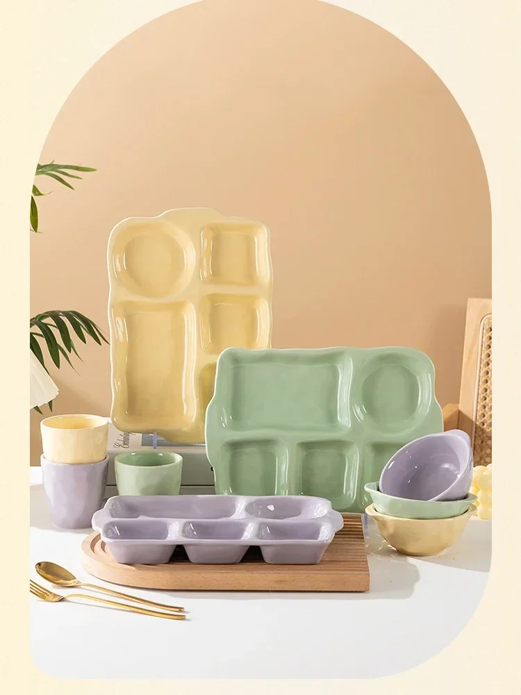 French Style Ceramic Divided Plate Rectangular Shape Weight Loss Dinner Plate for Students Home Use Moon Cake Special Plate