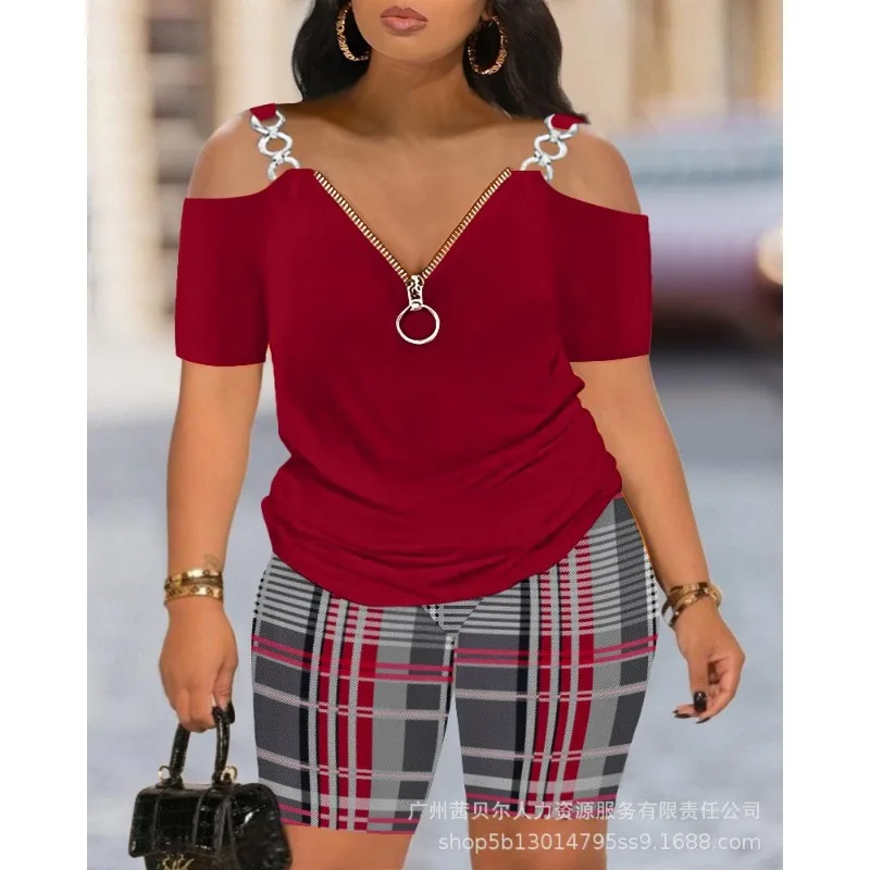 

Short Sleeve Off Shoulder Zipper V Neck Shirt Top Bodycon Shorts Outfits Tracksuit Elegant Women Two Piece Set Y2K INS Clothes