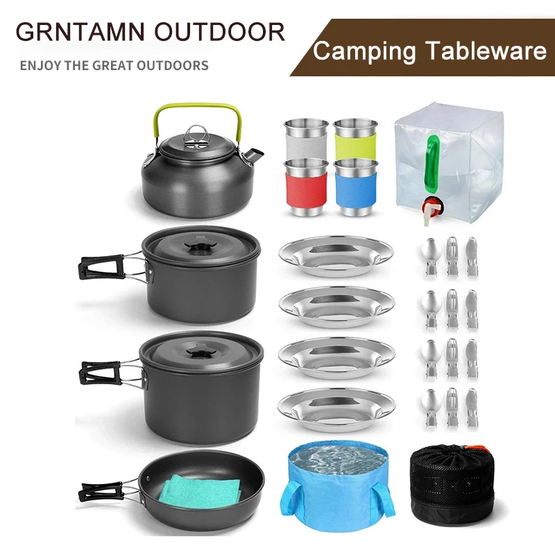 

Camping Cookware Kit, 6 and more Large Size, Hanging Pot, Pan, Kettle with Base, Dinner Cutlery Sets for Outdoor Camping, Hiking