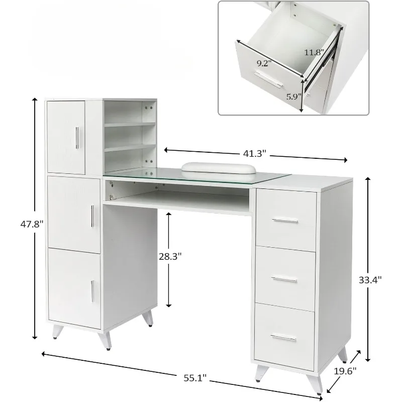 Manicure Table Nail Desk for Nail Tech w/Glass Top & Wrist Rest, Beauty Salon Nail Supplies Decor Workstation