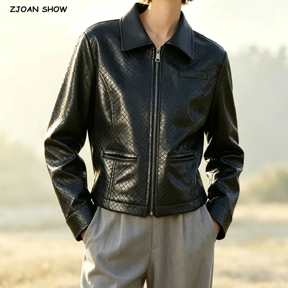 American Retro Women Autumn Black Weave PU Leather Jacket The Spice Girls Lapel Collar Zip Up Coat Outerwear Coffee