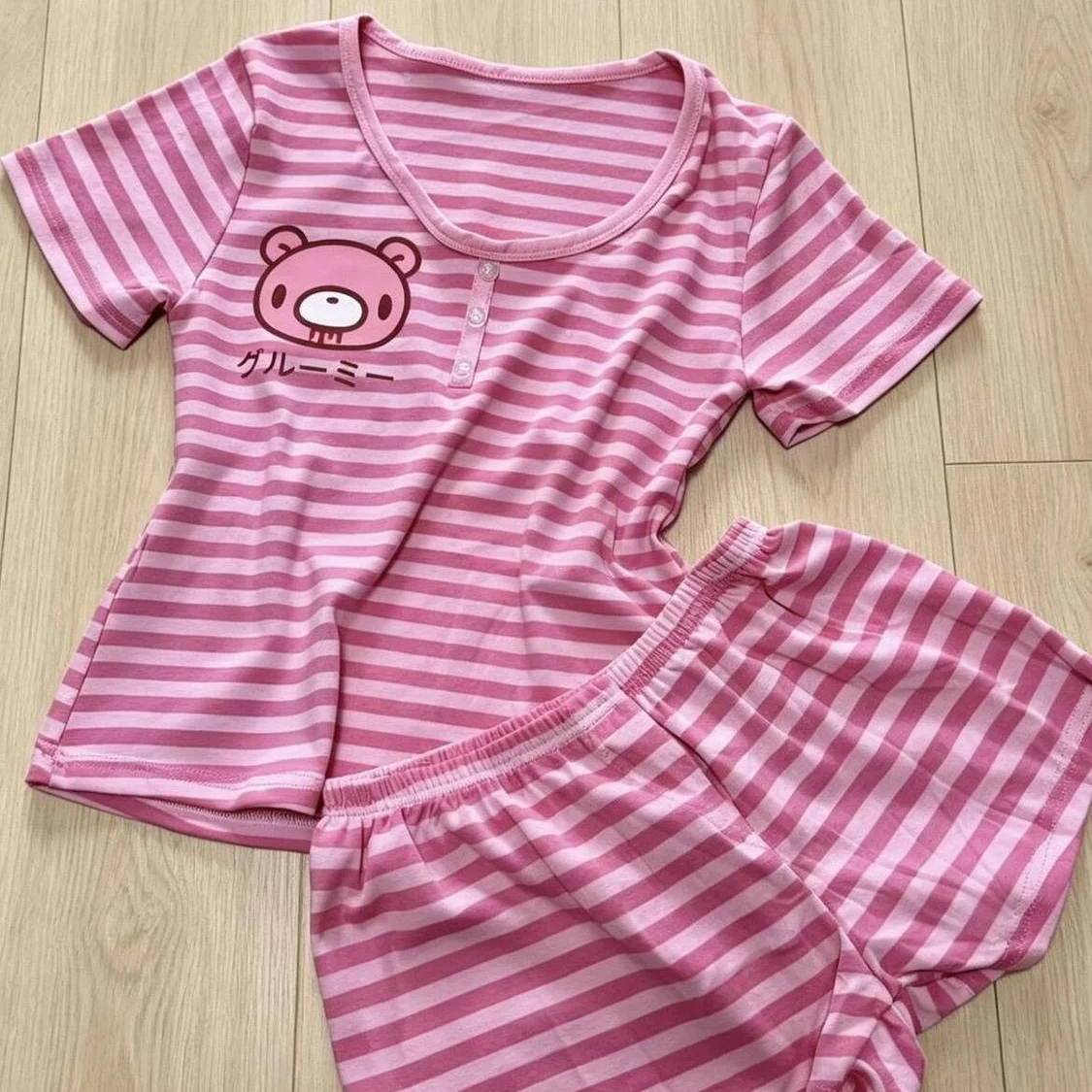 Summer Violence Bear Sleepwear Set Soft Striped Loose Home Clothes Short Sleeve Shorts Two-Piece Suit for Girls Straight Cut