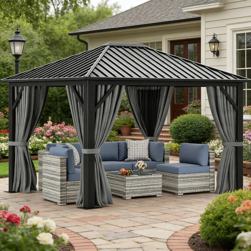 

10x12FT Hardtop Gazebo, Galvanized Iron & Aluminum Column, Gray Outdoor Patio Canopy/ Curtains & Netting Backyard