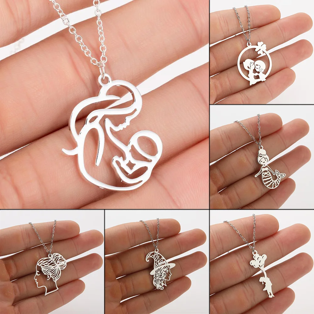 Shuangshuo Classic Family Baby Mom Necklace Stainless Steel Long Chain Mother Pendant Necklace Women Jewelry Mother's Day Gift
