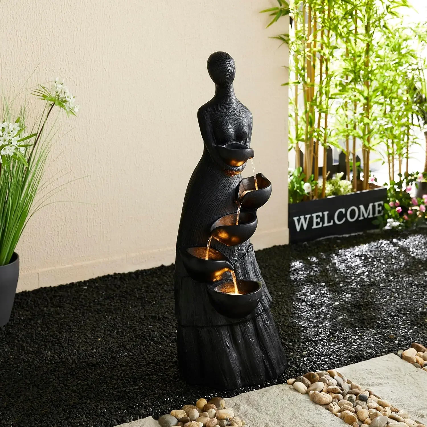 

39.75" H Modern Abstract Women Sculpture Outdoor Water Fountain, 5 Tier Woman Statue Waterfall Fountain with LED Lights