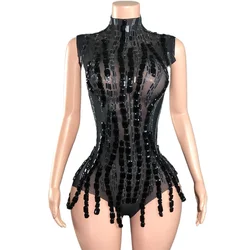 Sparkly Rhinestones Mirrors Bodysuit for Women Sexy Mesh Transparent Sleeveless Dancer Performance Dance Costume Stage Wear