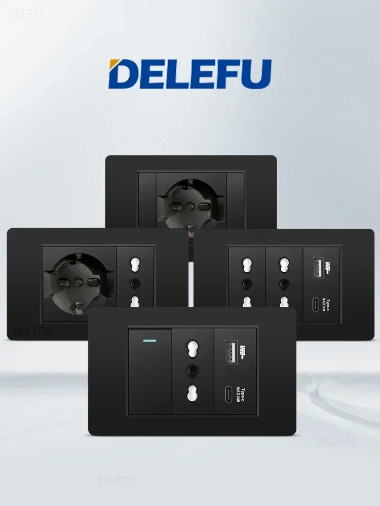 DELEFU Black Retardant PC Italy USB TypeC Fast Charging Wall Socket Schuko Tuya Wifi Smart Switch Sat TV Tel Doorbell Chile — zdjęcie 2