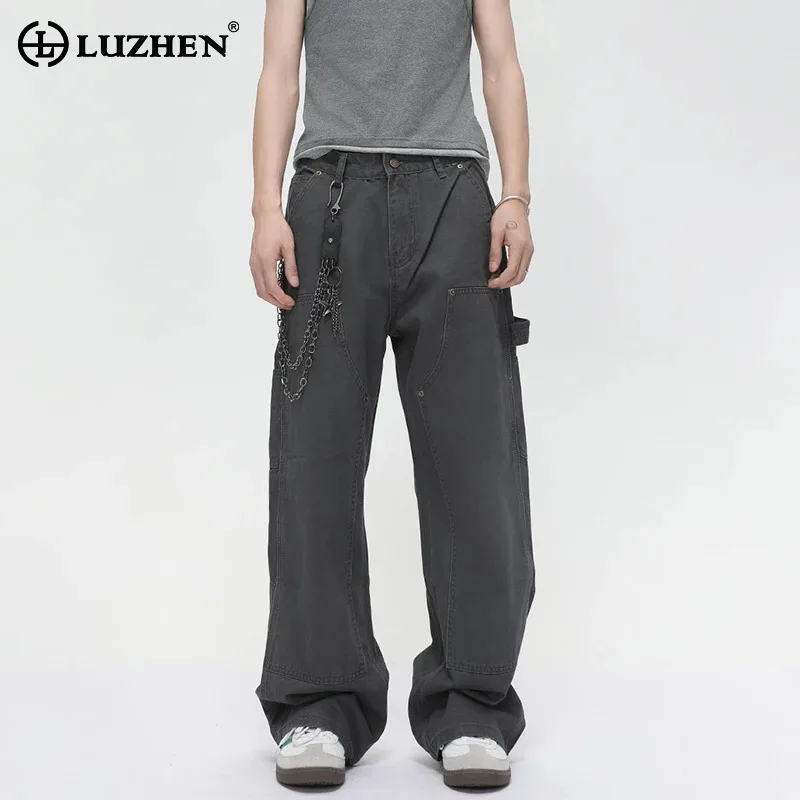 

LUZHEN 2025 Solid Color Splicing Design Metal Chain Decorate Straight Casual Jeans Men's Trendy High Quality Denim Pants JY2985