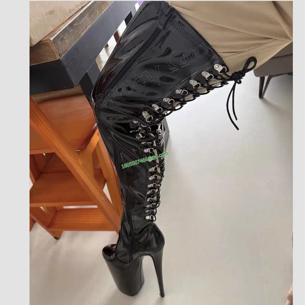 

Black Cross Tied Patent Leather Boots Solid Supper High Heel Round Toe High Shoes for Women High Heels Shoes Zapatos Para Mujere