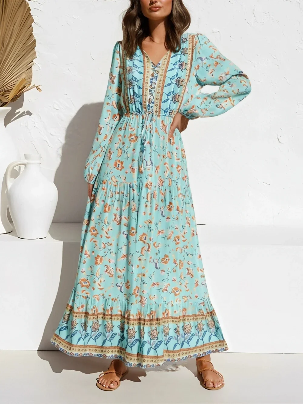 knee length dresses for ladies Contrast Lantern Sleeves Women's Maxi Dress