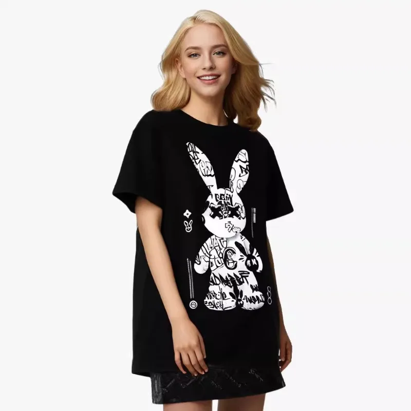 Shoulder length short sleeved t-shirt for women's summer pure cotton loose cartoon print rabbit slimming couple top new style