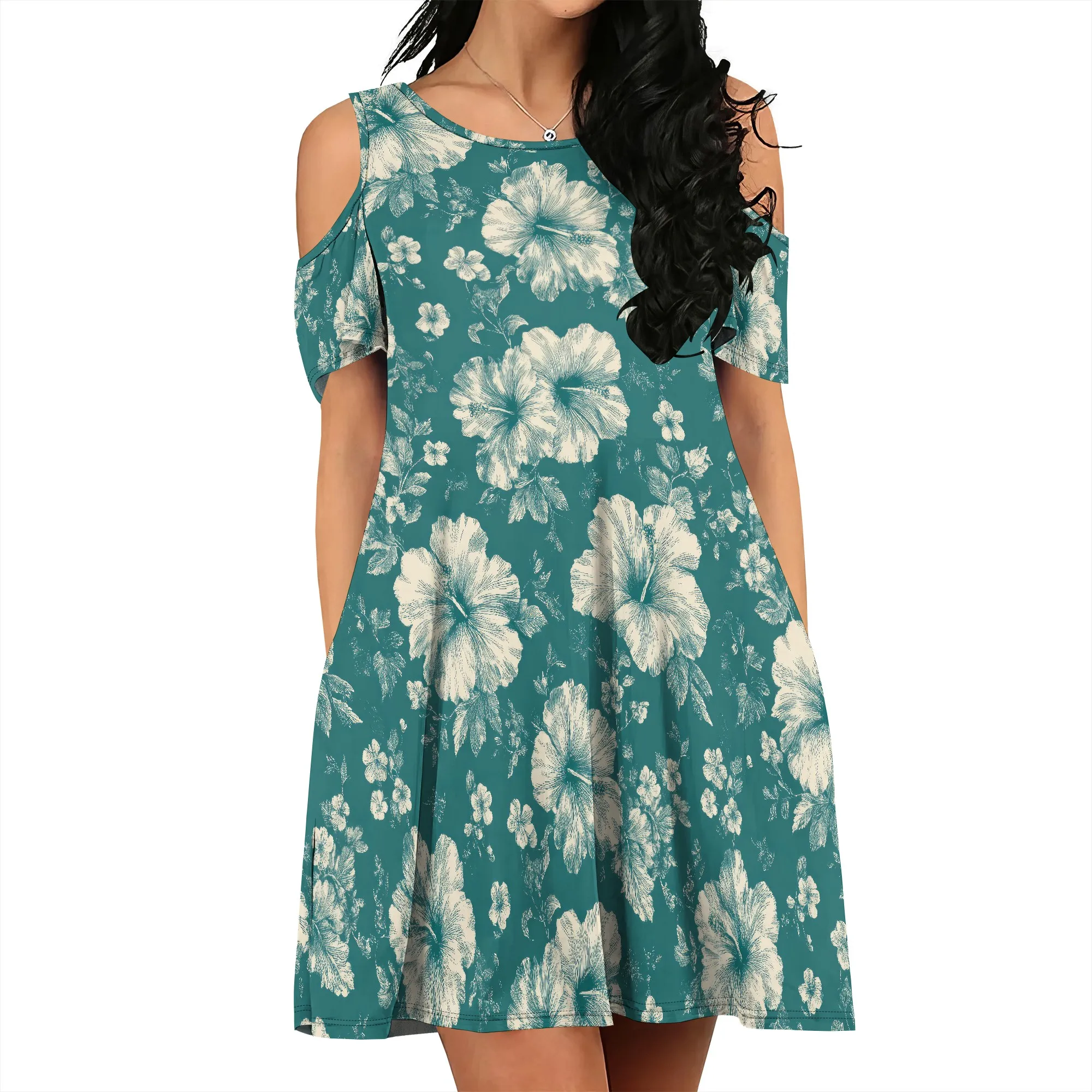 

Womens Summer Cold Shoulder Floral Flowy T-Shirt Dress with Pockets