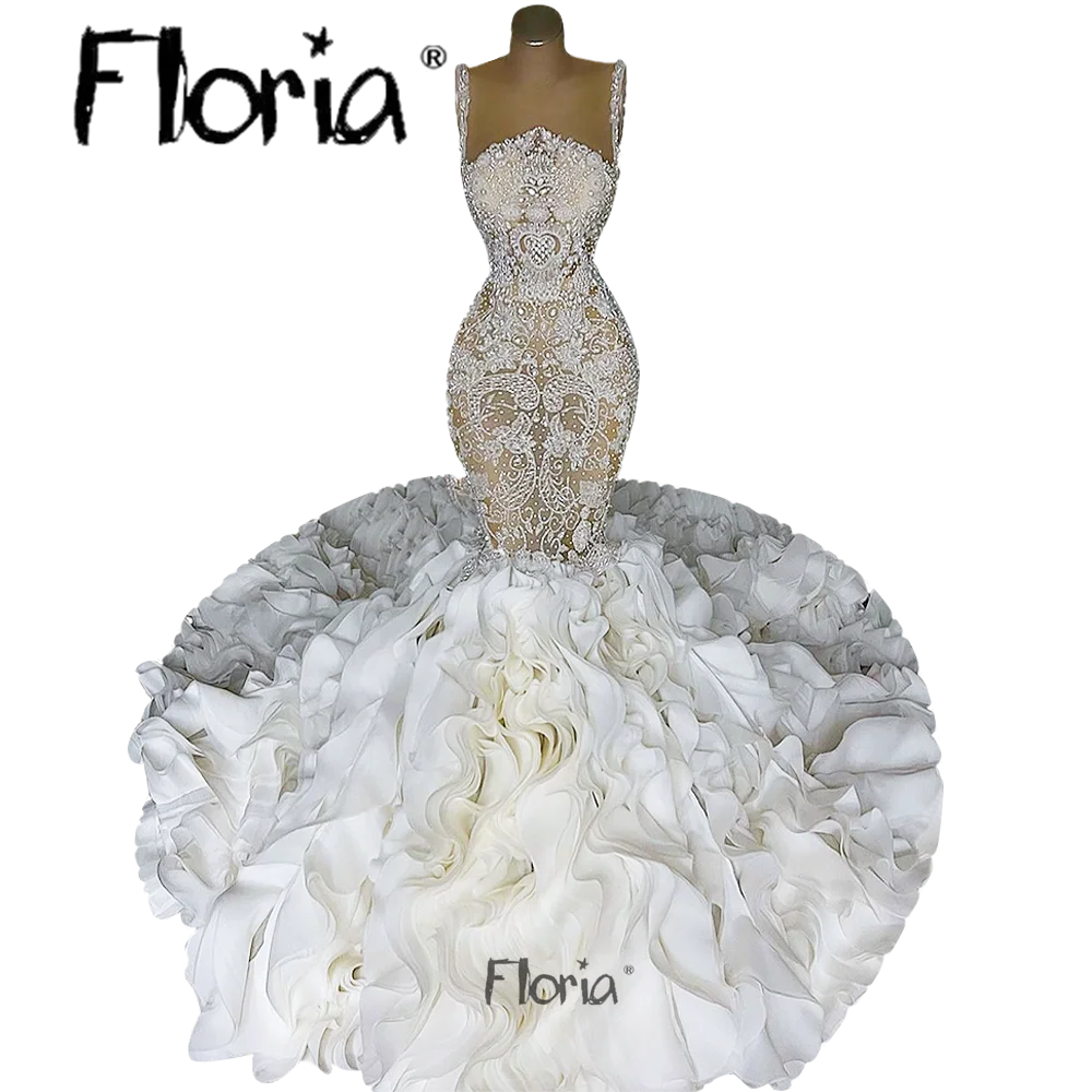 Cristalli di perline abito da sposa con volant a sirena increspato perle a strati da sposa per lusso 2023 moda donna Robe de Mariée