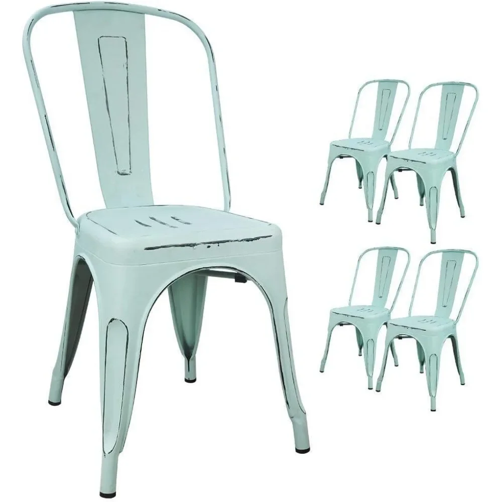 

Metal Indoor-Outdoor Chairs Distressed Style Kitchen Dining Chairs Stackable Side Chair with Back Set of 4