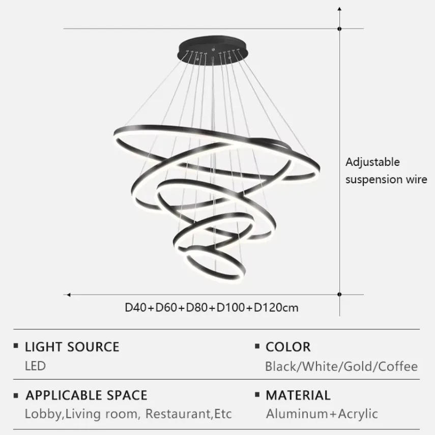 LED แหวนจี้โคมไฟวงกลมแหวนจี้โคมไฟอลูมิเนียมหรี่แสงได้บ้าน Villa ห้องนั่งเล่นล็อบบี้ตกแต่งภายใน LIGHT