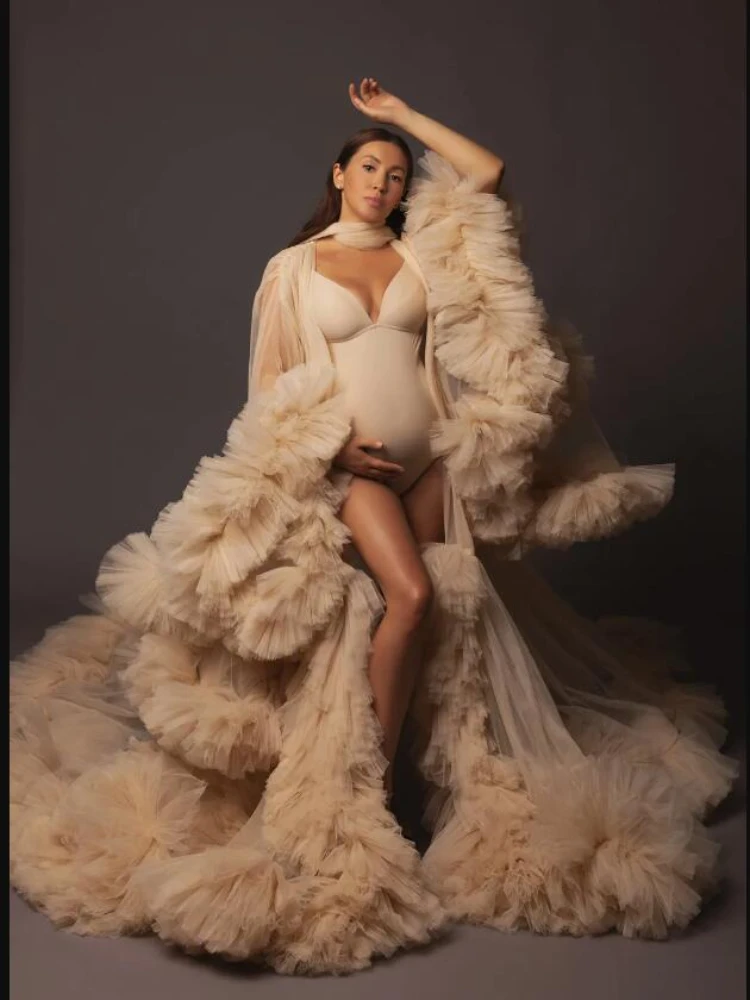 Maternity Babyshower Women Photo Robe Sexy V Neck Long Sleeves Ruffles Photo Shoot Bathrobe Pajamas Prom Bridesmaid Shawl