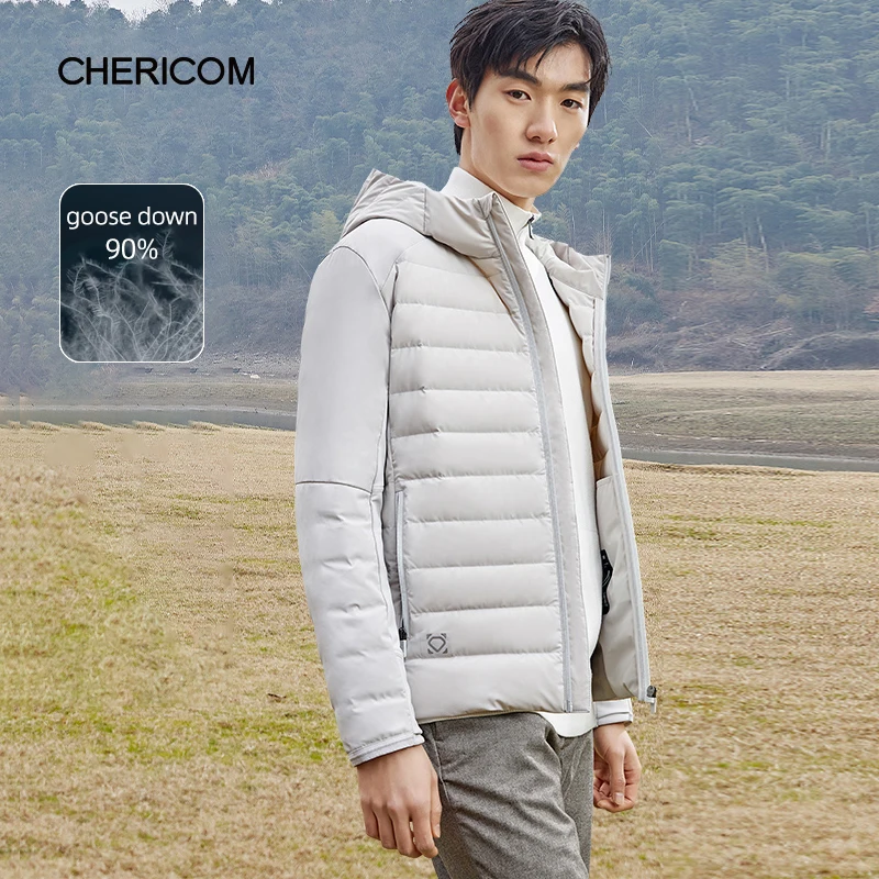 Chericom Short Goose Down Thermal Hooded Down Jacket Winter Men's Sports Leisure Padded Jacket Fashion Print Overcoat 289521