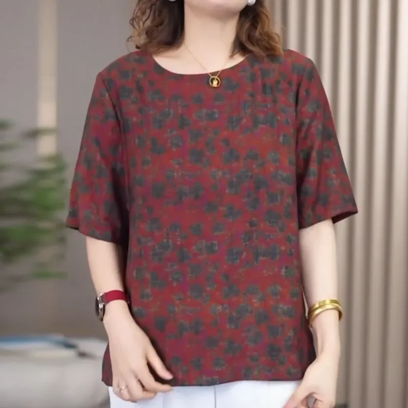 Women Loose Fit Printed Blouse with Round Neck Short Sleeve Casual Lightweight Top for Summer Daily Wear