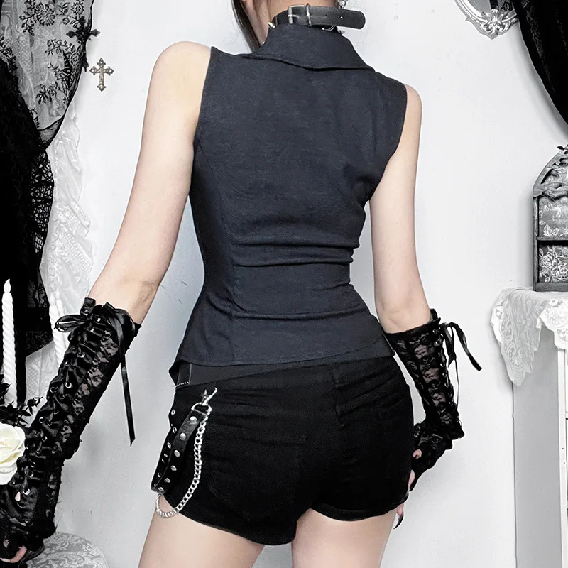Black Style Double Breasted Design Tank Tops Summer American Fashion Retro Gothic Punk Women's V-Neck Zipper Sleeveless Top