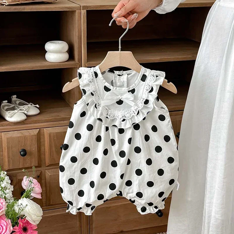 

Новый летний комбинезон для новорожденных девочек 2026 года, без рукавов, из хлопка, с принтом в горошек, для малышей 0-24 месяцев, детская одежда