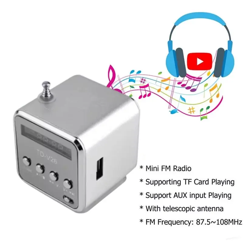ABOK-TD-V26 Digital Mini Fm Radio Receiver Wireless Speaker FM Radio LED Loudspeaker Supports MP3 SD/TF Cards Portable view 2