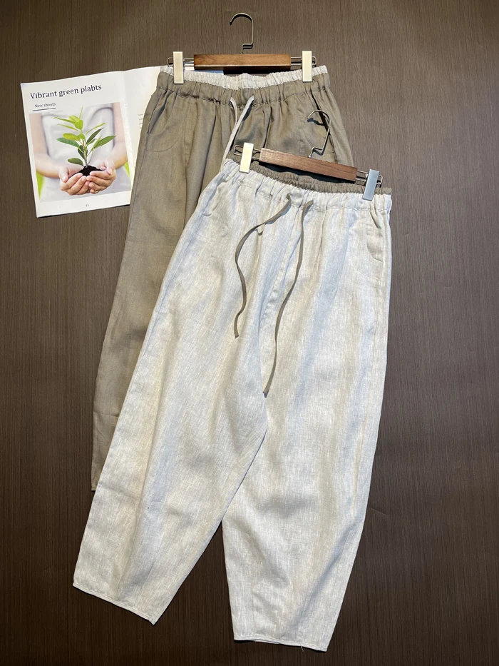 

Cool Summer Linen Loose Fit Harem Pants Thin Elastic Waist Wide Leg Nine Point Casual Trousers for Women Asymmetrical Commute...