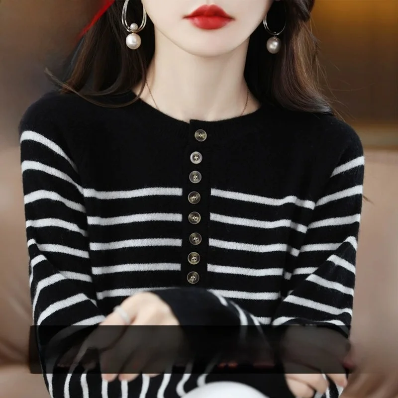 Loose Fit Long Sve round Ne Striped Knitted Wool Sweater Women's Base irt Spring Autumn Faion Commute Sle Button D...
