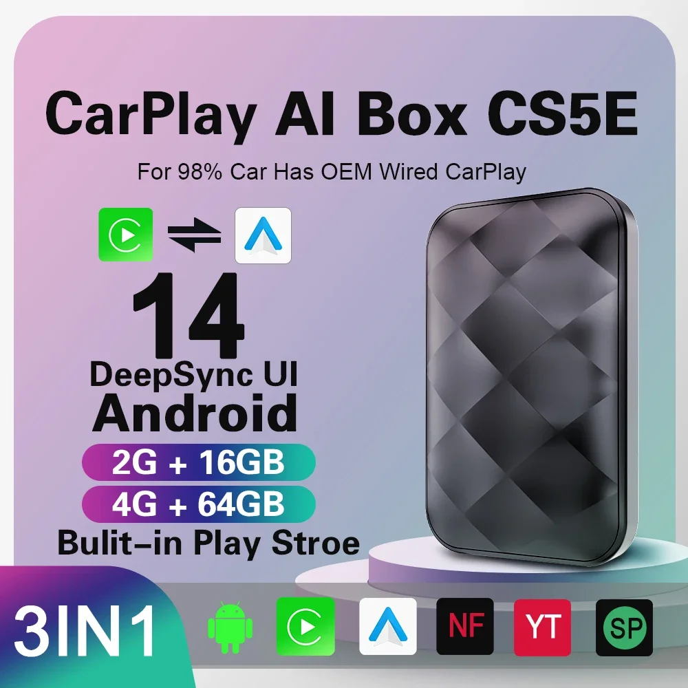 

CS5 3-IN-1 CarPlay Android Auto Ai TV Box Wireless Adapter Streaming Device Built in Youtube Netflix IPTV-Online Movies Music