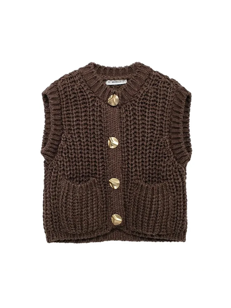 

KUCLUT Women Fashion Chic Brown Chunky Knit Vest Female Pockets O-Neck Sleeveless Waistcoat Ladies Casual Streetwear