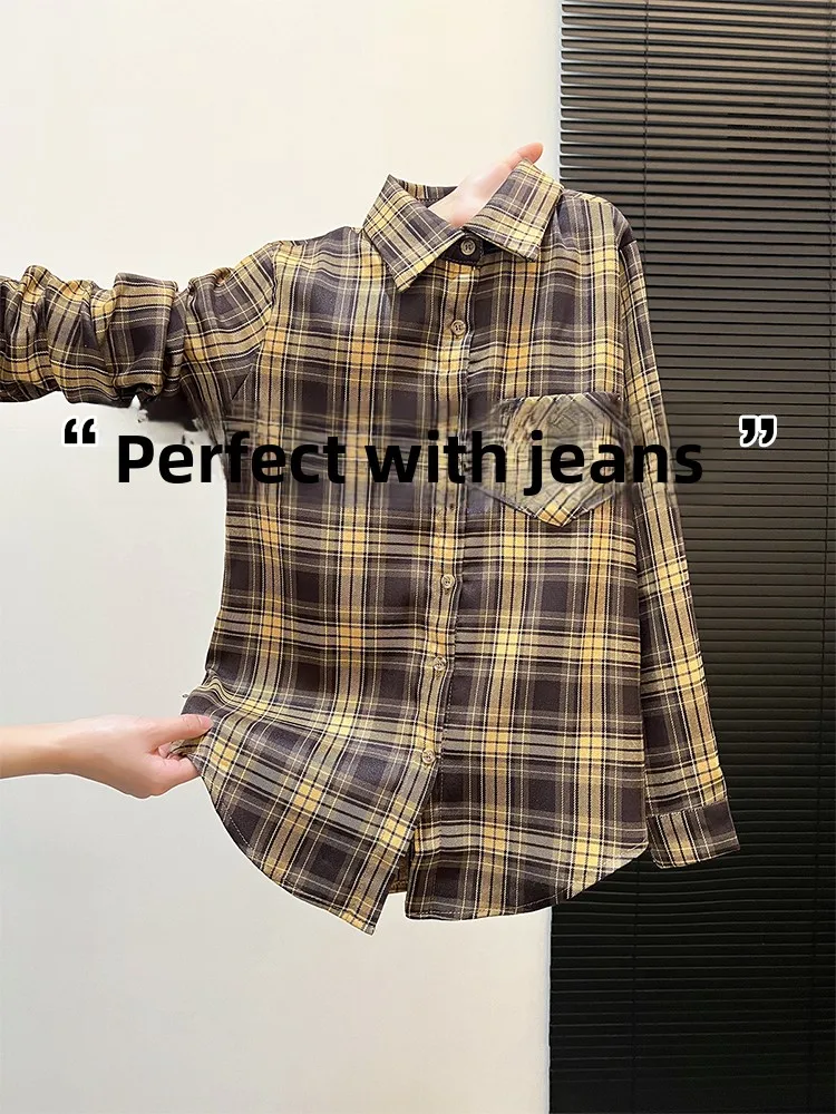 

Women's Plaid Flannel Shirt Korean Style Spring Autumn Vintage Hong Kong Flavor Base Layer Shirt Coat Casual Slimming