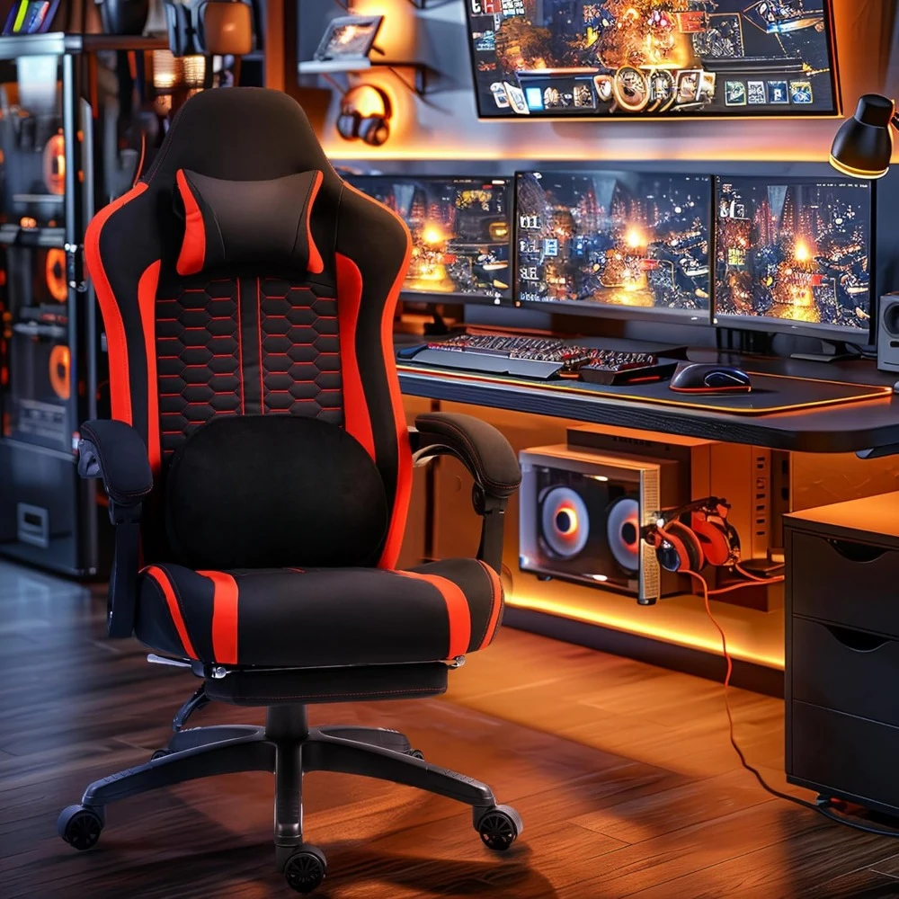 Gaming Chair with Heated Massage Lumbar Support, Ergonomic Gamer Computer Chairs with Pocket Spring and Footrest, Gamer Chair