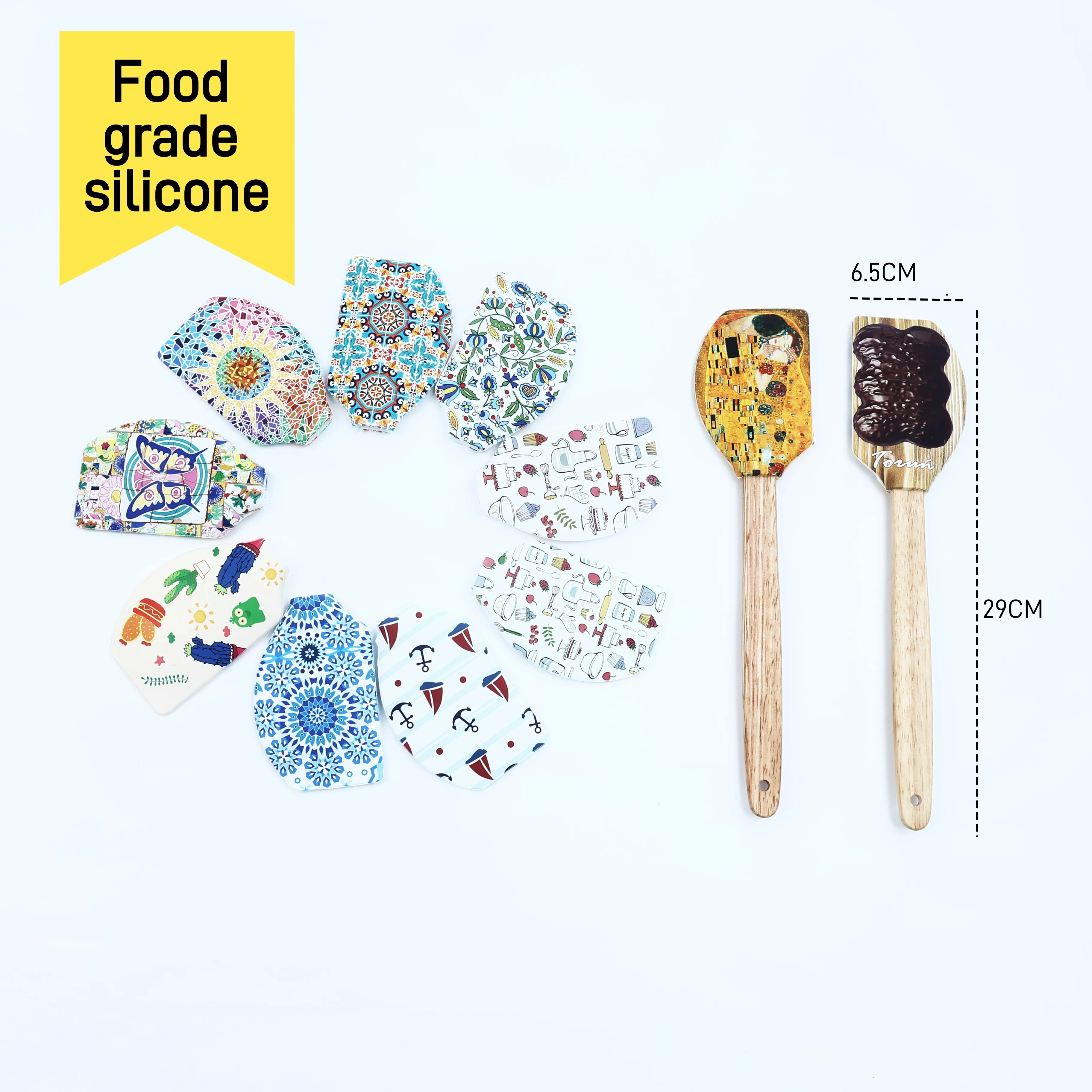 Printable Cake Scraper Silicone Cream Pastry Scraper Wooden Handle Butter Spreading Batter Kitchen Scone Baking Mixer