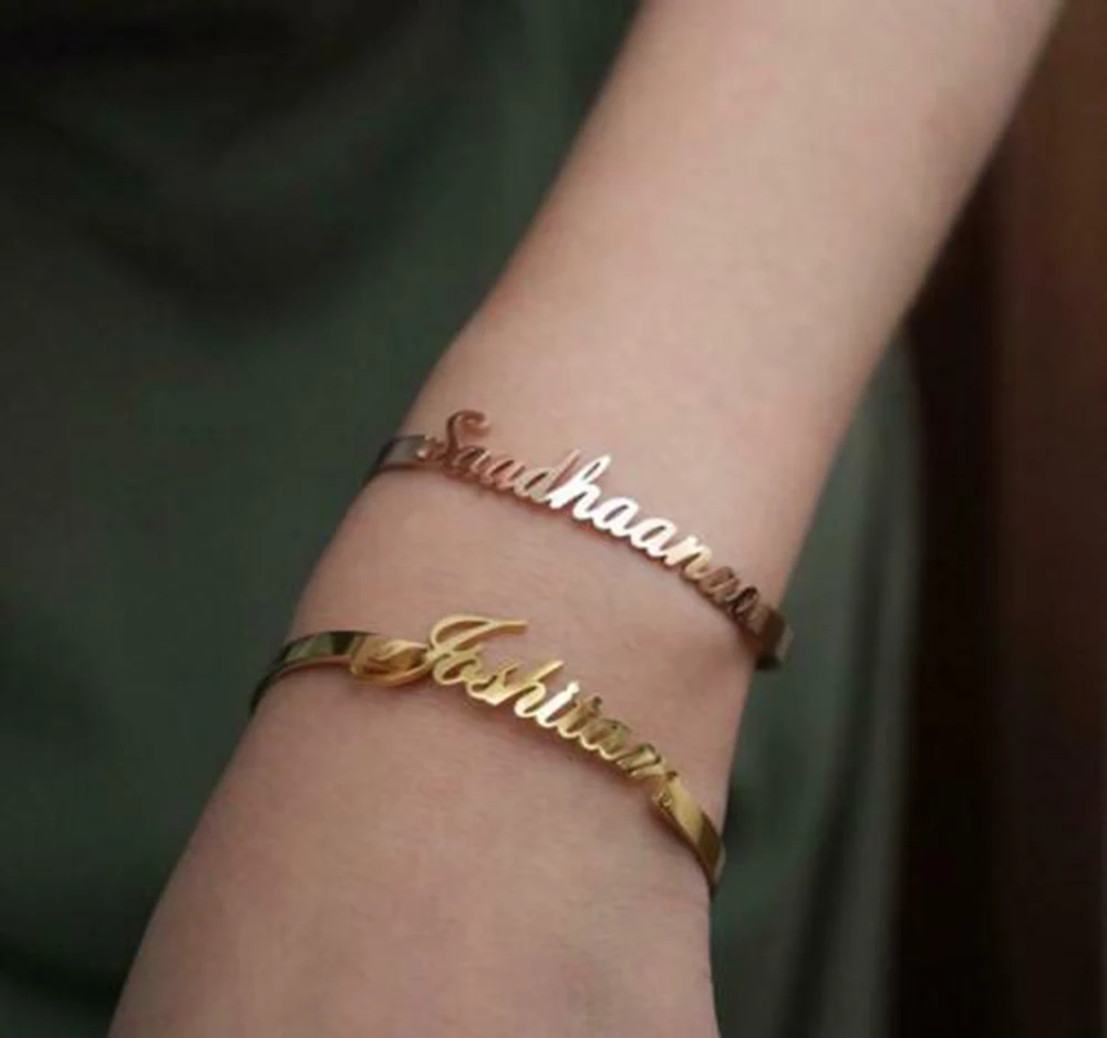 Personalized Custom Name Cuff Bracelets Bangles For Women Gold Color Stainless Steel Female Bangle Bracelet Jewelry