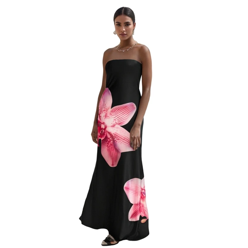 Women Strapless Floral Print Maxi Dress Sexy Cutout Backless Tube Dress Coquette Satin Long Dress Vacation Boho Beachwear
