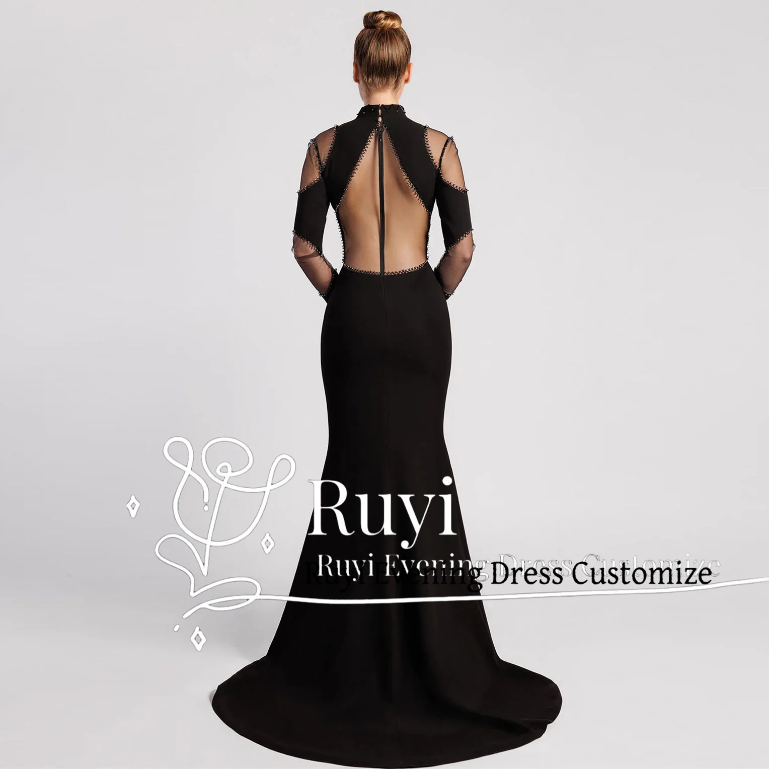 Customized V-neck Sexy Elegant Beaded Prom Dress Back See Through Long Sleeves Mermaid Buttons Formal Occasion Evening Dress