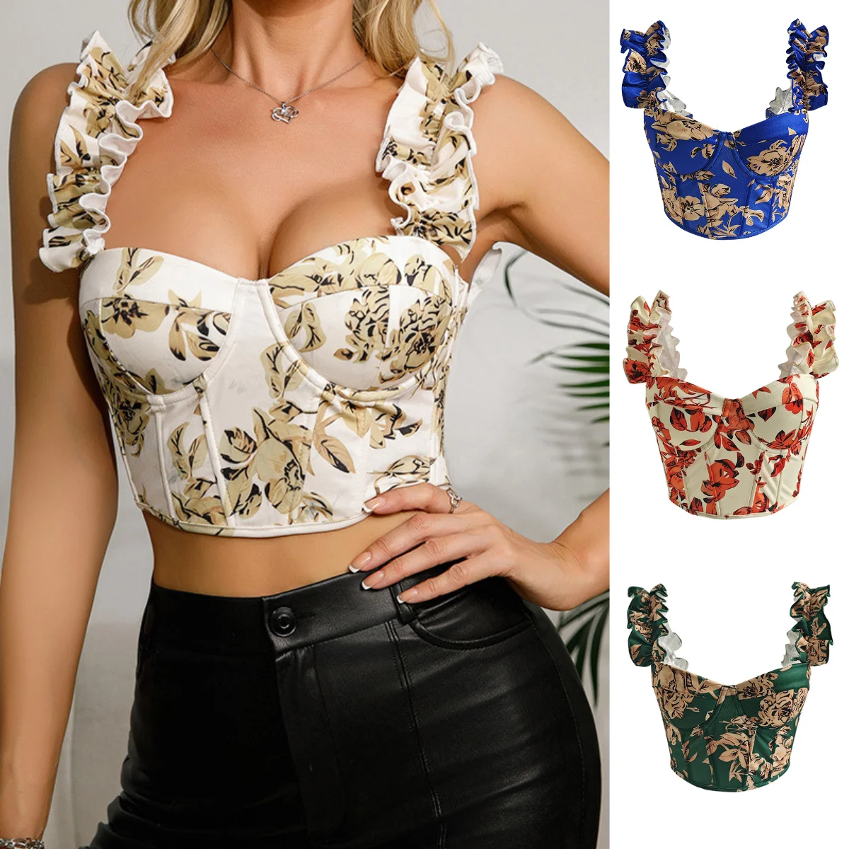 

Lace-up Corset Tops Sexy Bustier Slim Camisole Sweet Print Fitting Tank Top Summer Youthful Women Clothing Fashion Vest Lingerie