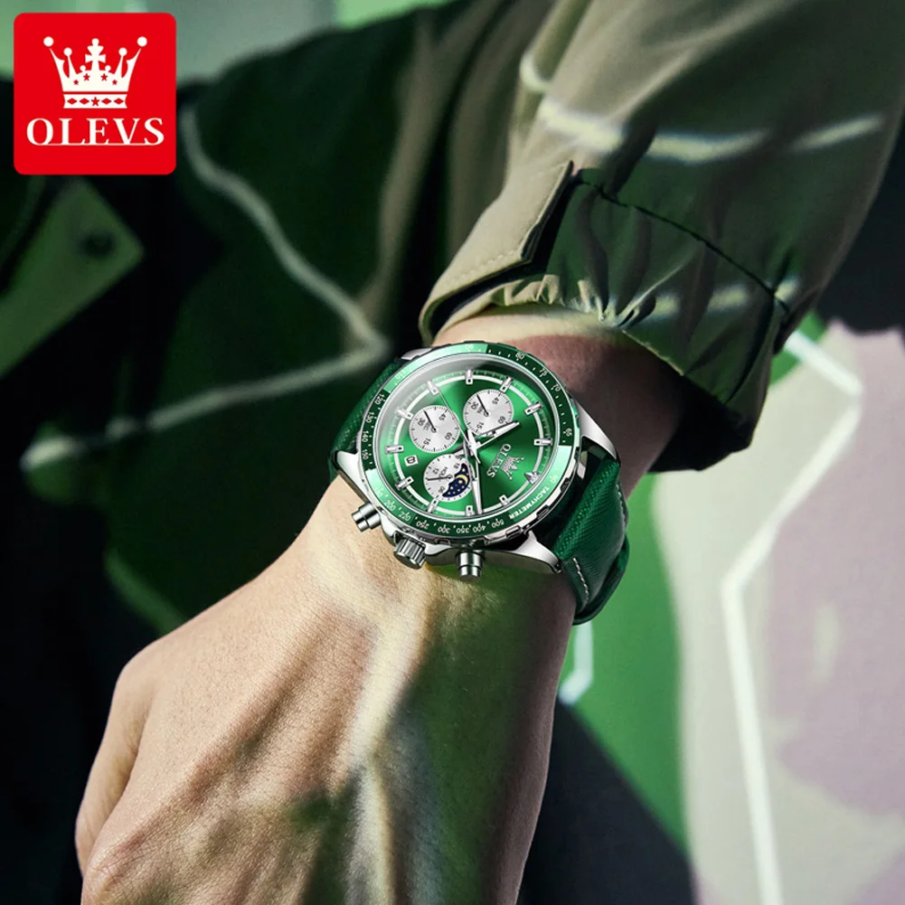 OLEVS-Relógio de Quartzo Multifuncional Masculino, Cronógrafo, Calendário, Luminoso, Impermeável, Pulseira de Couro, Casual, Moda, Novo, 2945